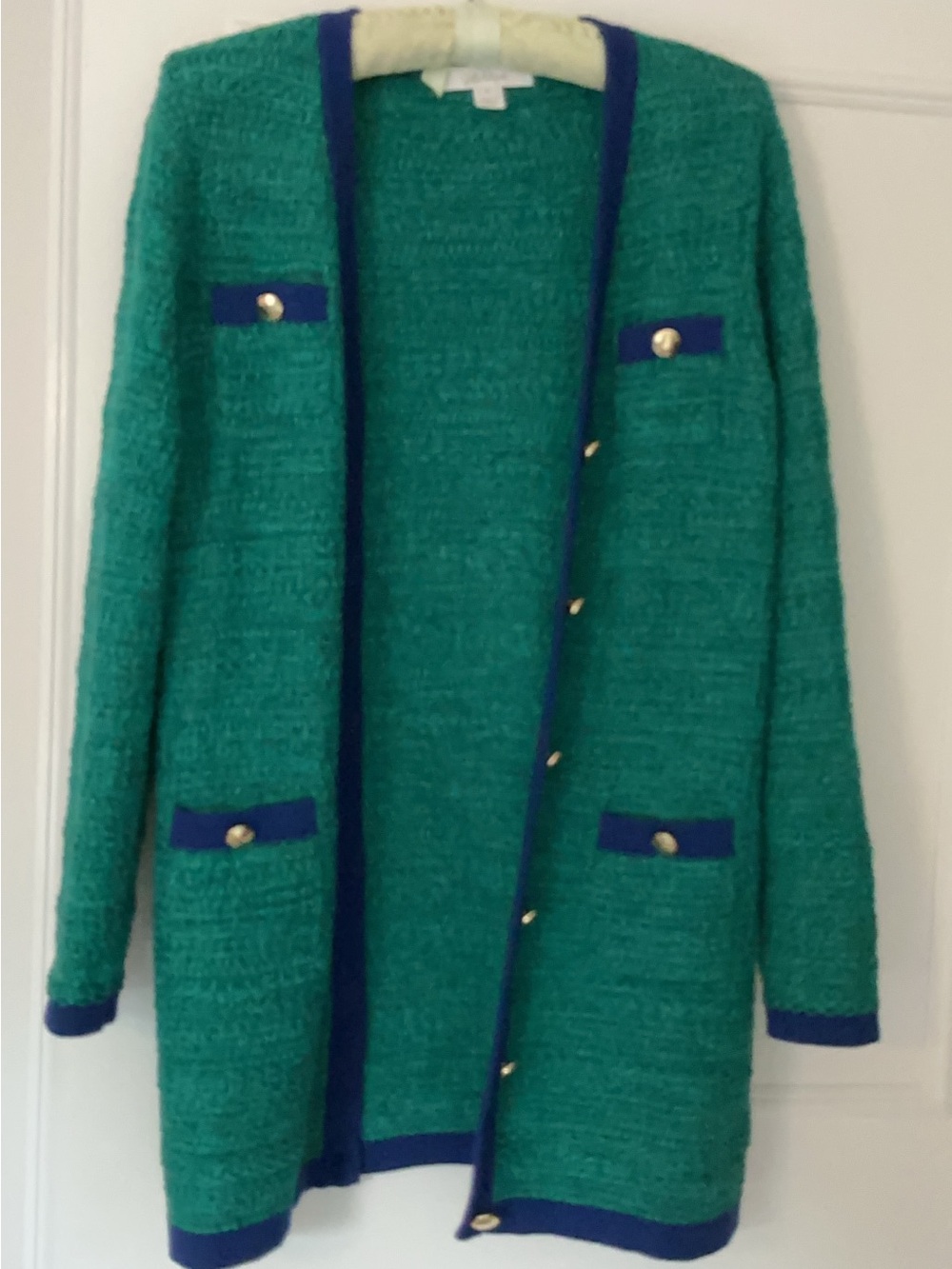 Lilly Pulitzer Teal Knit Long Cardigan with Navy Trim - size Small